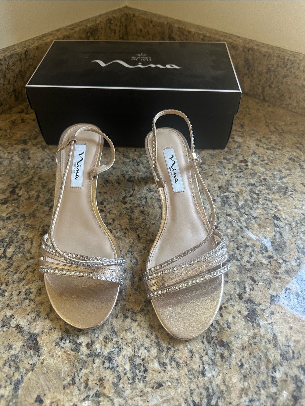 Nina Metallic Gold Slingback Heels with Crystal Straps